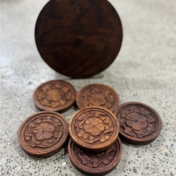 Antique Wooden Coaster Set with Holder - Picture 2 of 4